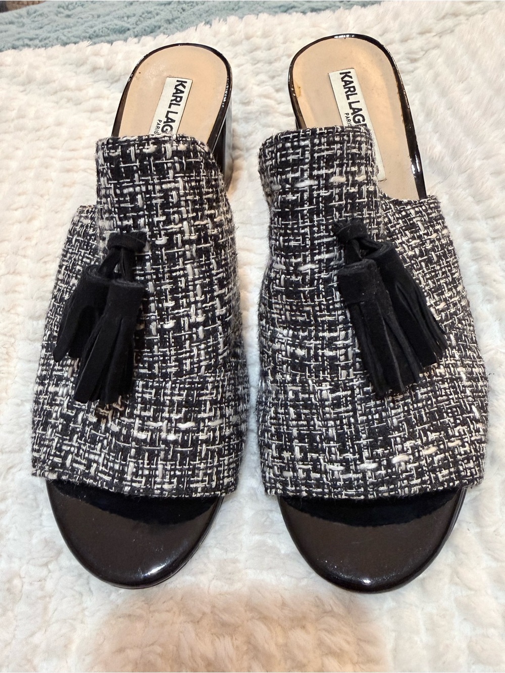 Karl Lagerfeld Hettie Black & White Tweed Slide Mules with Tassels Size 7.5
